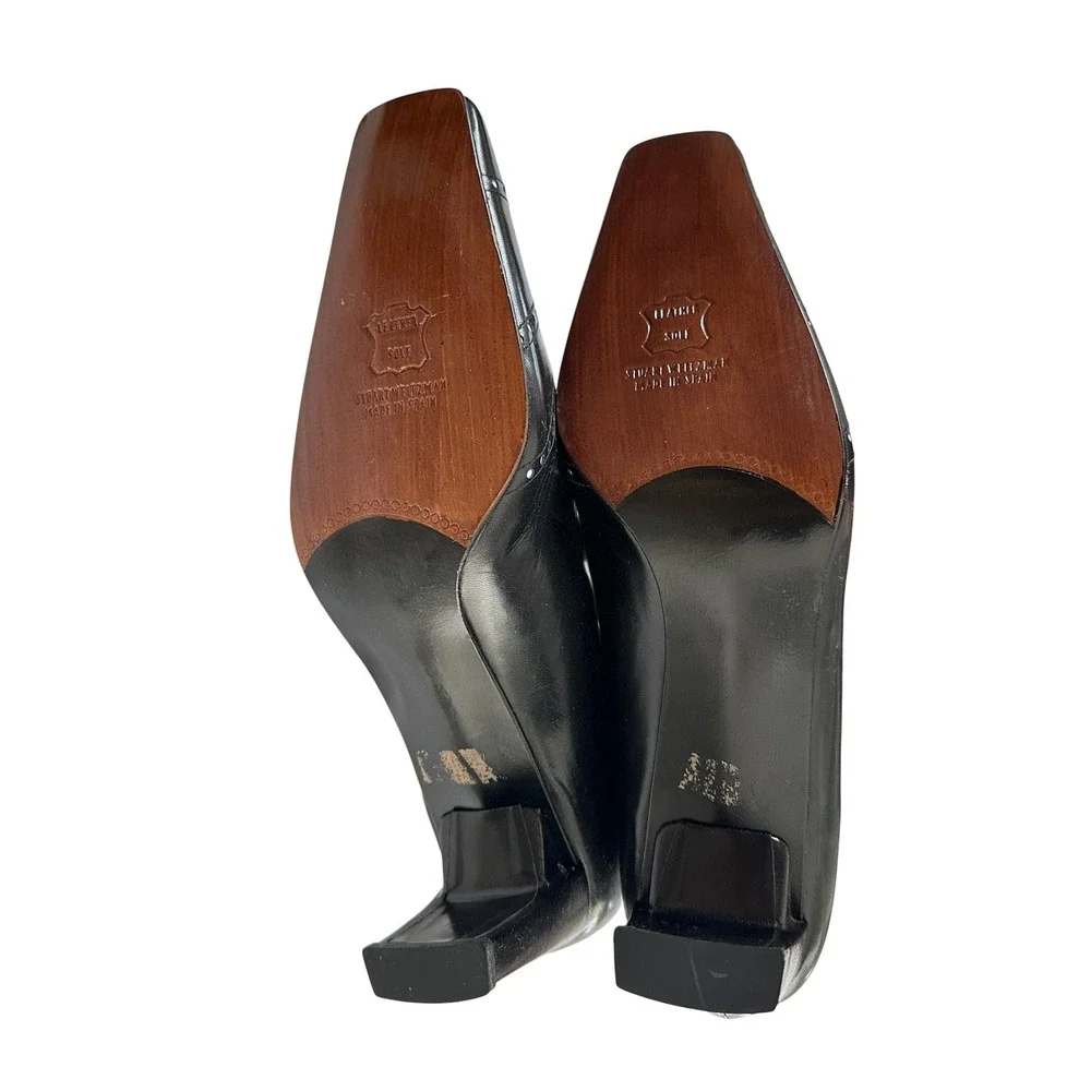 Stuart Weitzman Black Leather Studded Square Toe Block Heel Pumps Spain 10 B